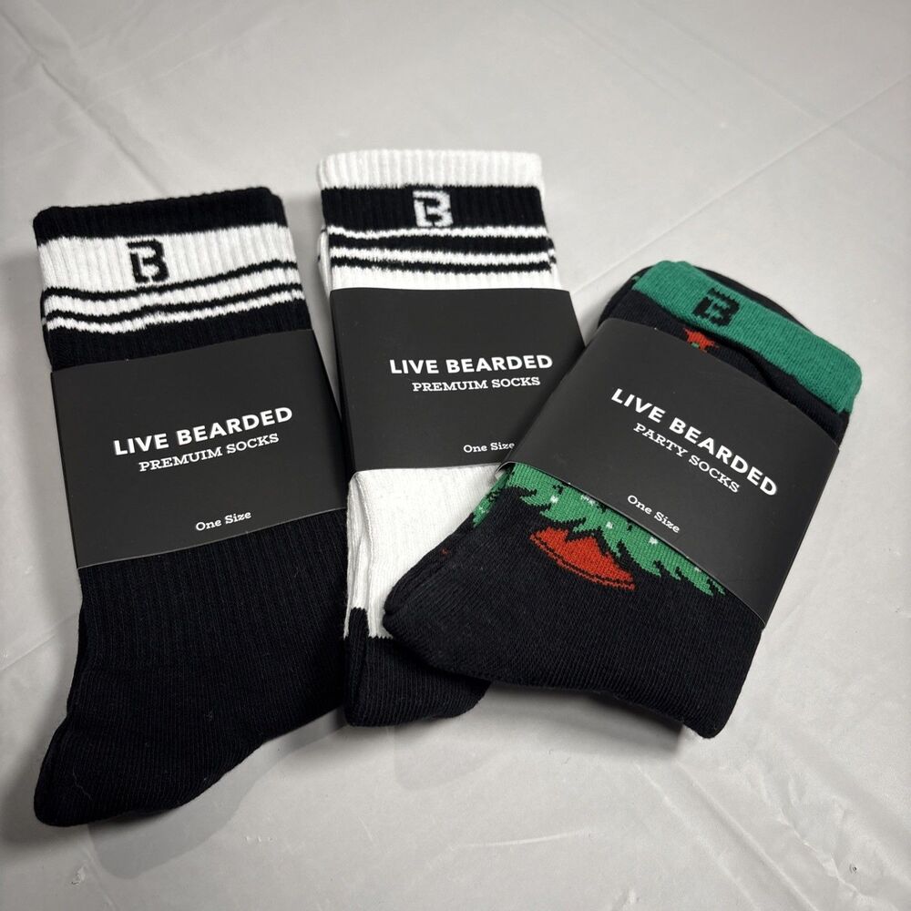 Live Bearded LB Premium Socks 3 Pack One Size Black White Party New